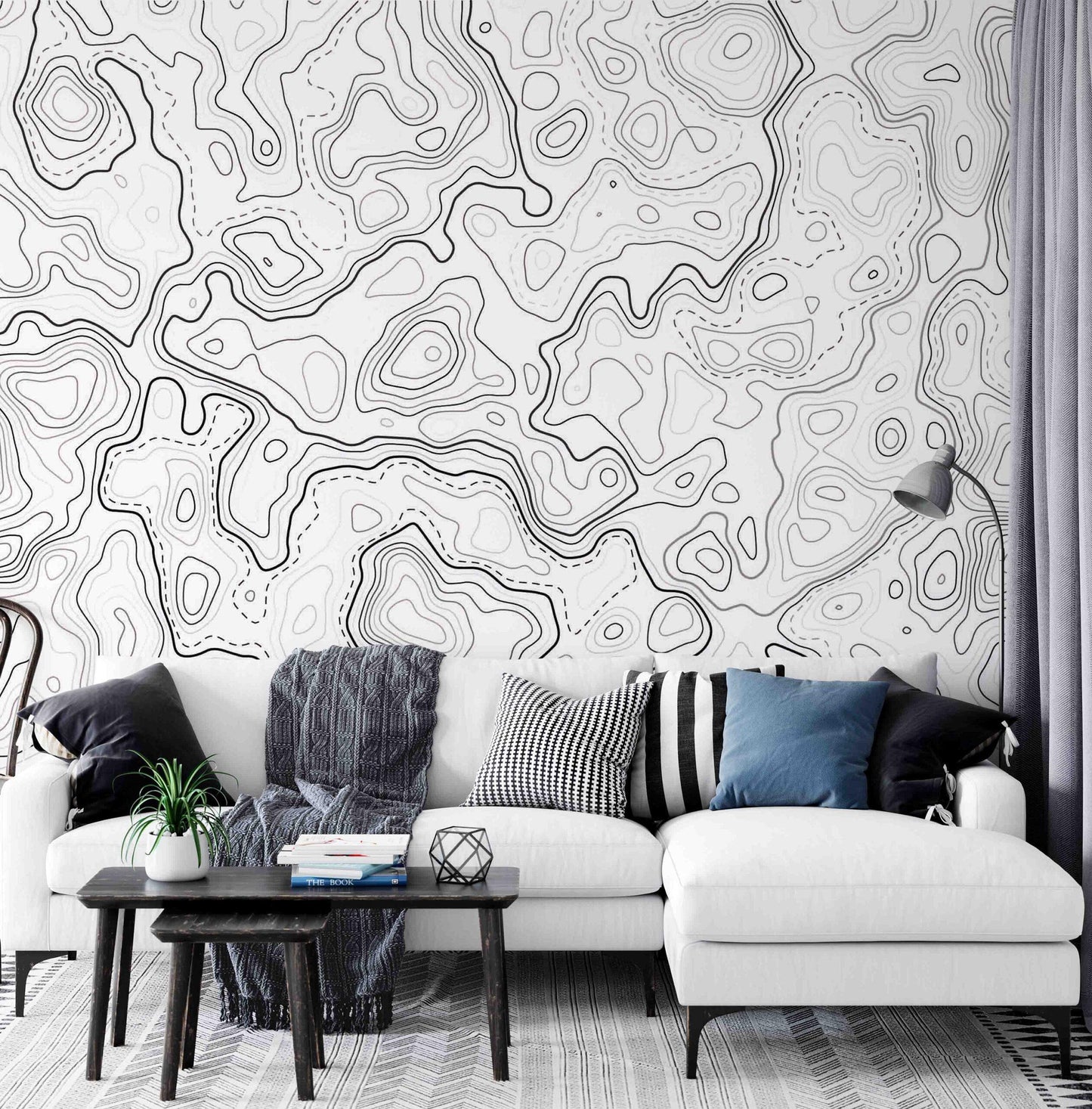 Black and White Topographic Map Patterns Wallpaper, Peel and Stick Wallpaper, Stylish Room Design, Modern Wallpaper, Abstract Wallpaper