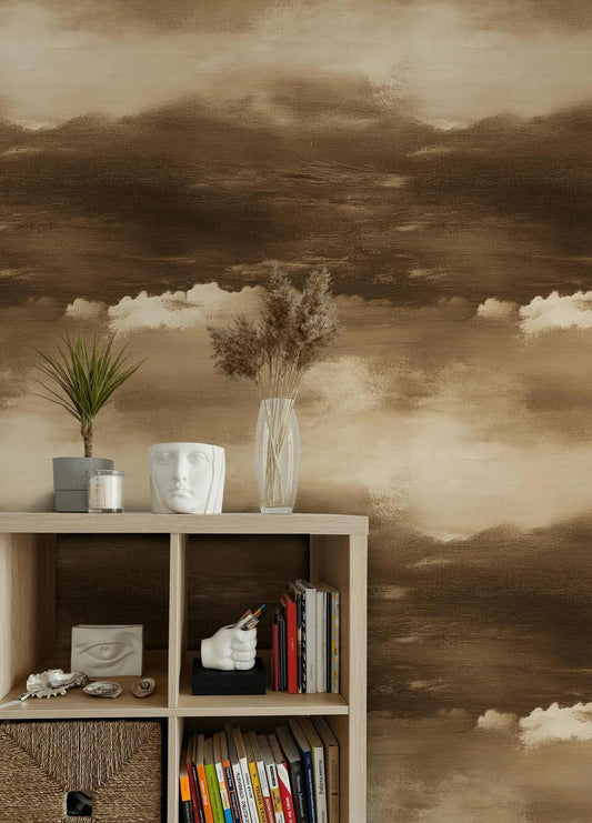 Watercolor Clouds Wallpaper in Sepia Tones, Soft Drawwing Wallpaper, Sky Wallpaper, Nature Mural, Peel and Stick Wallpaper, Cloudy Wallpaper