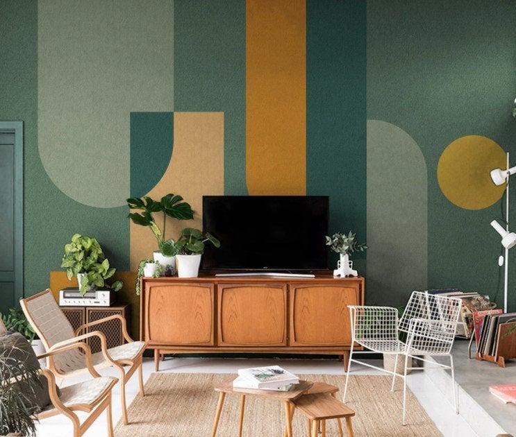 Geometric Shapes Wallpaper in Green and Orange, Colorful Pattern Wallpaper, Boho Colored Mural, Peel & Stick Wallpaper, Stylish Wall Design