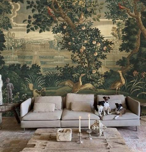 Birds and Rose Tree in Palace Garden Wallpaper, Bohemian Wallpaper, Trees Mural, Peel and Stick Wallpaper, Wall Design, Nostalgic Wallpaper