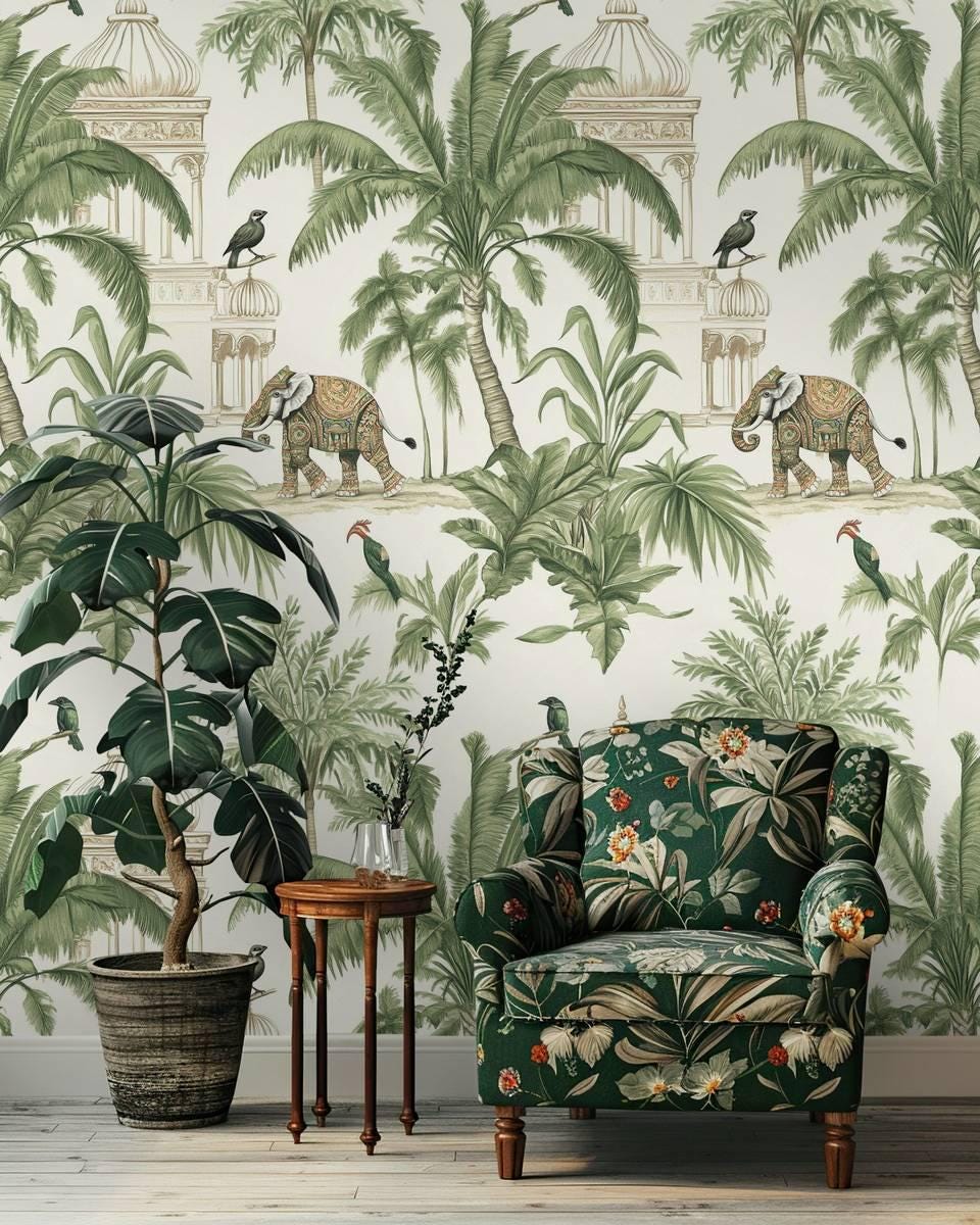 Exotic Forest Wallpaper, Tropical Animal and Nature Wallpaper, Elephant and Trees Botanical Wallpaper, Indian Gardens Wallpaper