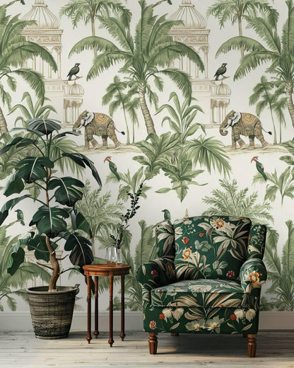 Exotic Forest Wallpaper, Tropical Animal and Nature Wallpaper, Elephant and Trees Botanical Wallpaper, Indian Gardens Wallpaper