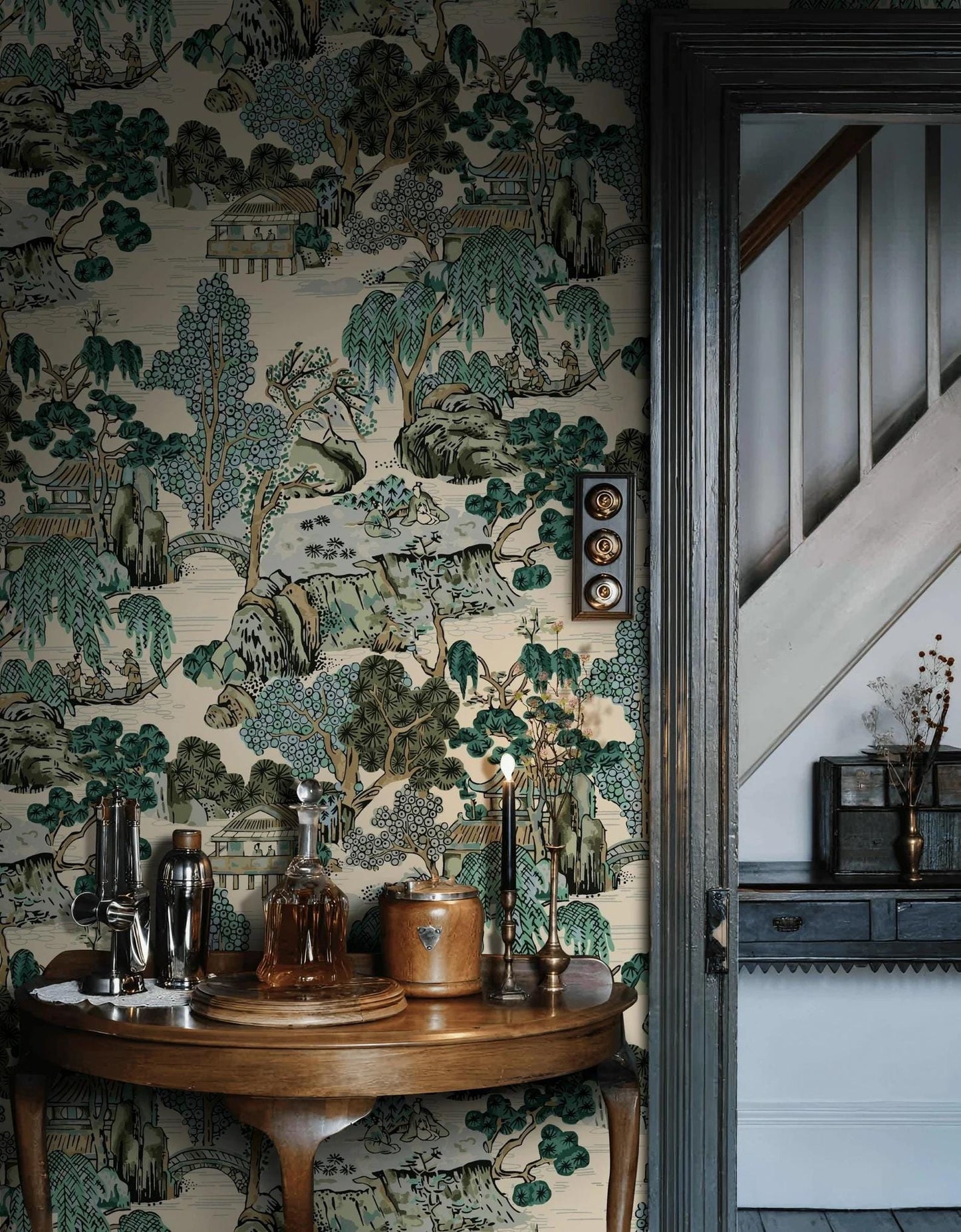 Japanese Garden Wallpaper, Bohemian Art Wallpaper, Trees Peel and Stick Wallpaper, Antique Botany Drawwing Wallpaper, Dark Green Wallpaper