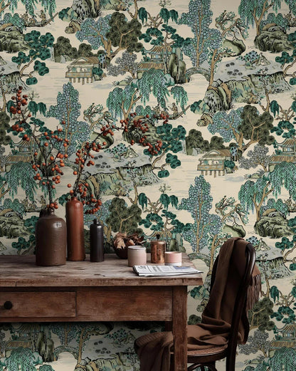 Japanese Garden Wallpaper - Dark Green Botanical Trees Mural