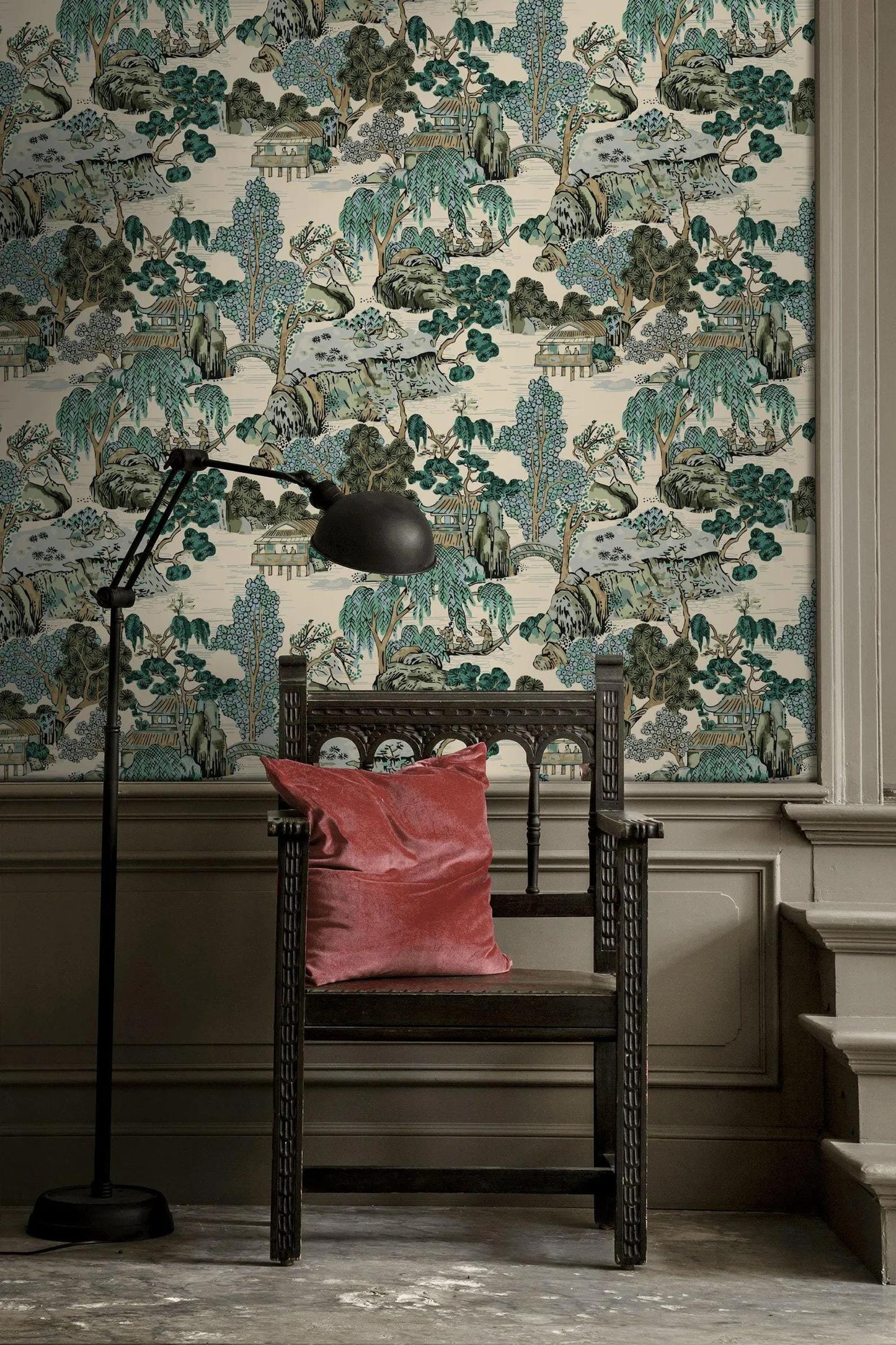 Japanese Garden Wallpaper, Bohemian Art Wallpaper, Trees Peel and Stick Wallpaper, Antique Botany Drawwing Wallpaper, Dark Green Wallpaper