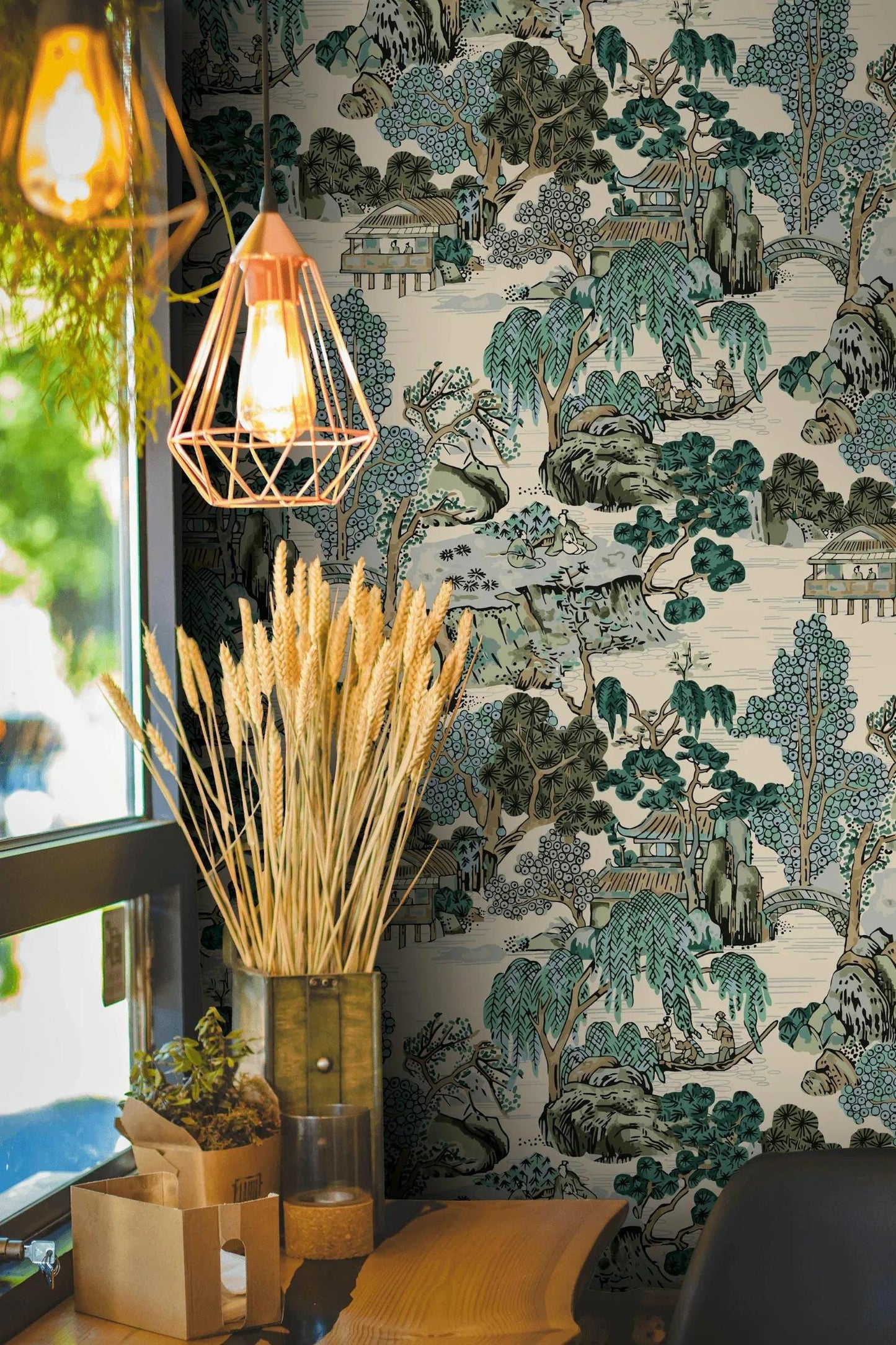 Japanese Garden Wallpaper, Bohemian Art Wallpaper, Trees Peel and Stick Wallpaper, Antique Botany Drawwing Wallpaper, Dark Green Wallpaper