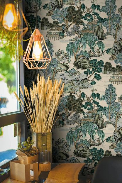 Japanese Garden Wallpaper - Dark Green Botanical Trees Mural