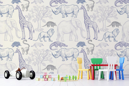 Blue Wild Animal Figures Kids Wallpaper, Illustration Wallpaper Nursery, Peel and Stick Wallpaper, Watercolor Wallpaper, Wallpaper For Baby