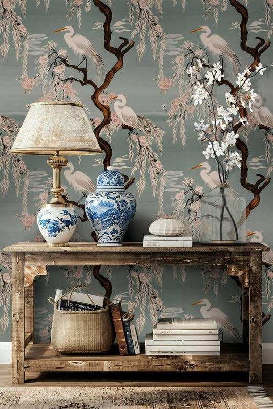 Crane Birds and Cherry Blossom Wallpaper, Special Design Wallpaper, BLue Lake and Birds Wallpaper, Romantic Mural, Vintage Nature Wallpaper