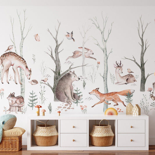 Animals Friends in Spring Forest Wallpaper for Kids, Cute Animals Wallpaper Nursery, Watercolor Trees Wallpaper, Cheerful Forest wallpaper