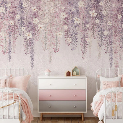 Lilac Wisteria Flowers Nursery Wallpaper - Watercolor Baby Girl Mural