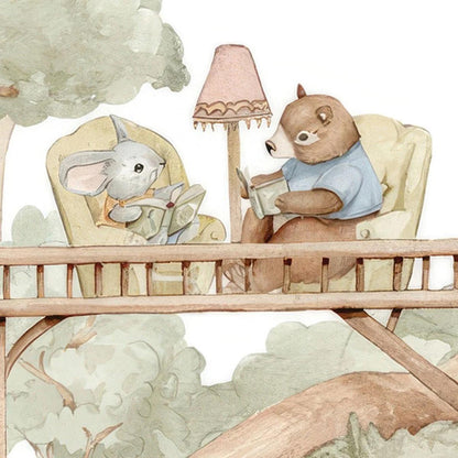 Fairytale Forest Village Kids Wallpaper, Kidsroom Art Wallpaper, Watercolor Animals Wallpaper Nursery, Nature Kids Wallpaper, Baby Wallpaper
