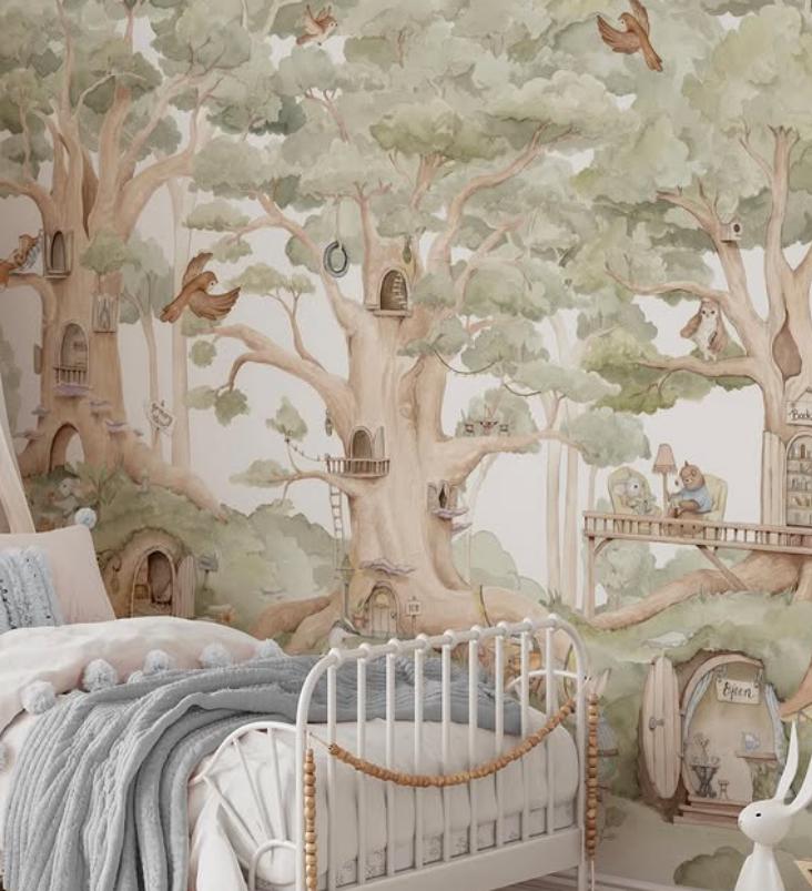 Fairytale Forest Village Kids Wallpaper, Kidsroom Art Wallpaper, Watercolor Animals Wallpaper Nursery, Nature Kids Wallpaper, Baby Wallpaper