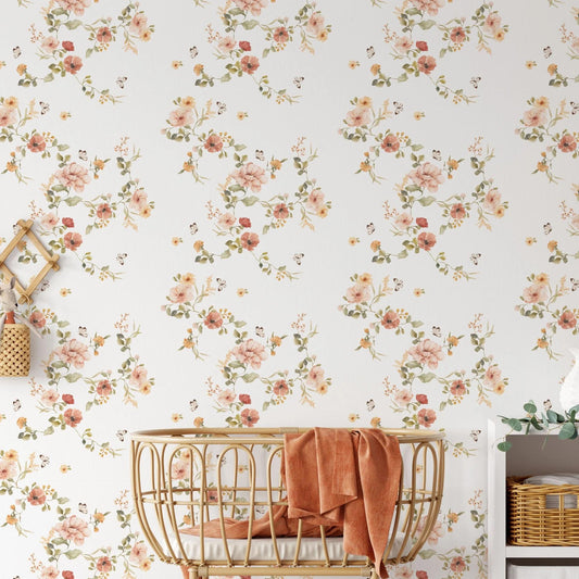 Retro Flowers Wallpaper, Mini Flowers Baby Girl Wallpaper, Flower Garden Wallpaper, Wallpaper Nursery, Watercolor Floral Mural