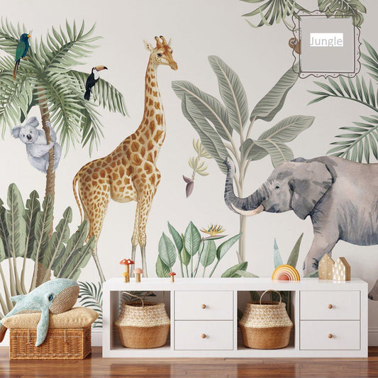 Watercolor Jungle Animals Wallpaper Nursery with Light Sky, Nature Kids Wallpaper, Forest Child Wallpaper, Drawwing Jungle Baby Wallpaper