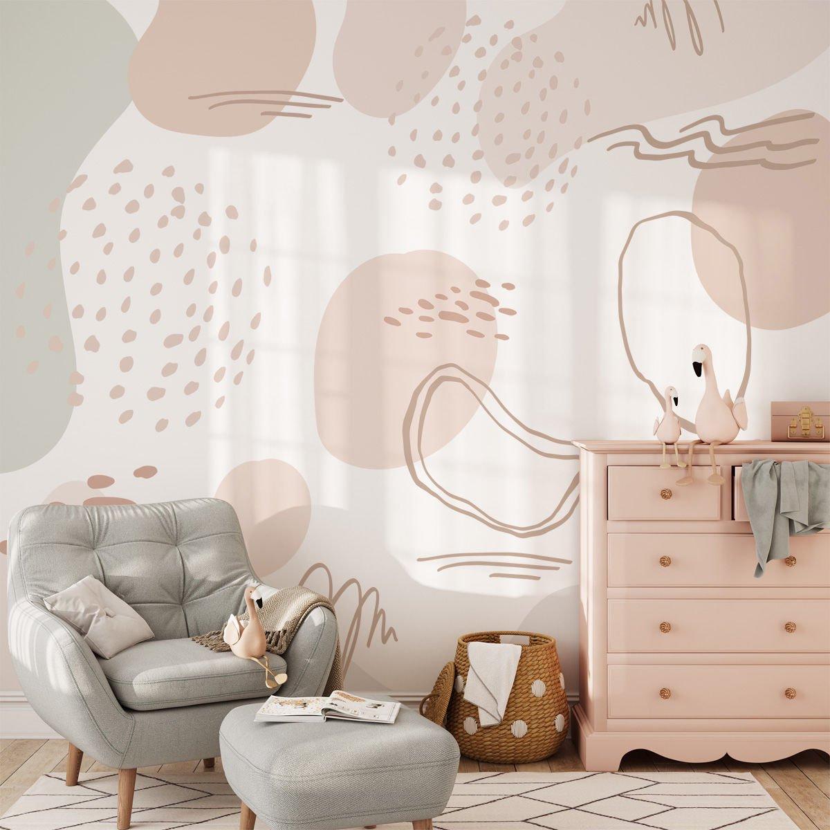 Soft Pink Color Illustration Kids Wallpaper, Asymmetrical Shapes Wallpaper for Kidsroom, Pink Abstract Wallpaper Nursery