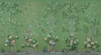 Green Background Wallpaper with Birds and Flowers, Vintage Floral Pattern Wallpaper, Romantic Drawing Mural, Elegant Chinoiserie Wallpaper