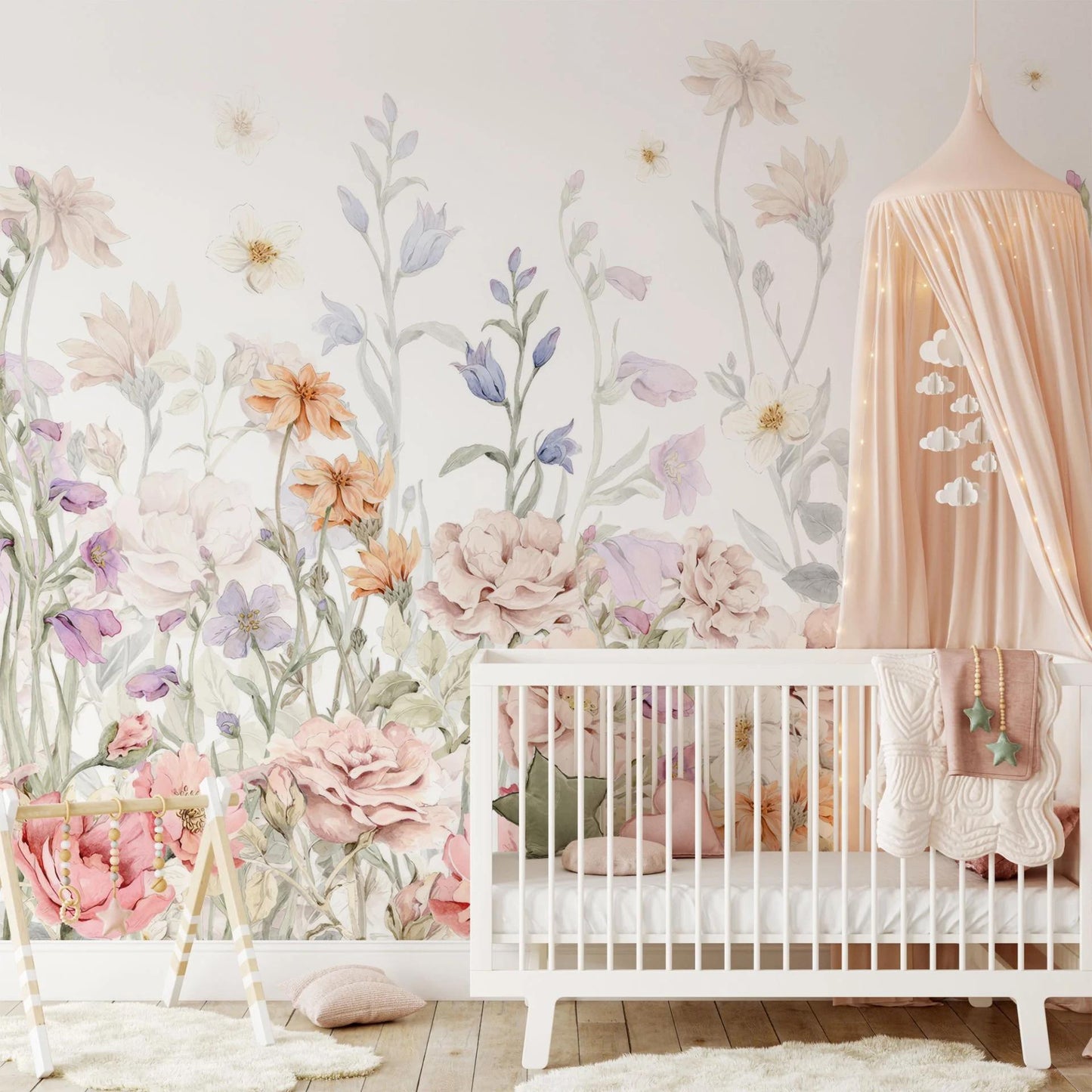 Pink and Lilac Colourful Flowers Wallpaper, Flowers Garden Baby Girl Wallpaper, Wallpaper Nursery, Watercolor Floral Mural, Baby Wall Poster