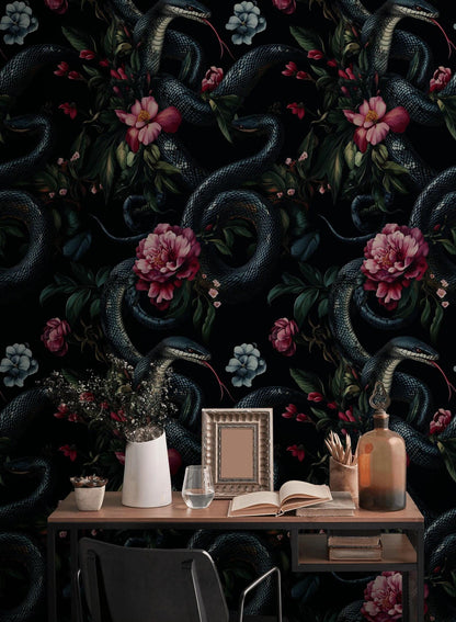 Snakes and Flowers Wallpaper, Dark Botanical Wallpaper, Botanical Night Wallpaper, Colourful Exotic Plants on Black Background Wallpaper