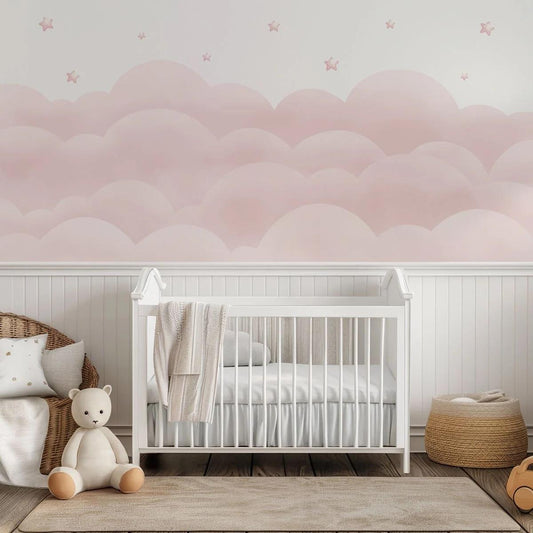 Pink Cotton Cloud Wallpaper, Watercolor Baby Wallpaper, Sky Wall Poster, Pink Cloud Background Baby Room Wallpaper, Wallpaper Nursery