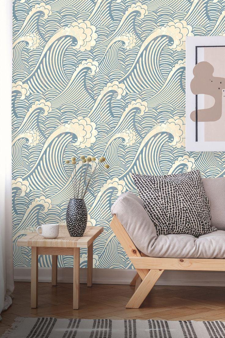 Blue Sea Waves Wallpaper, Illustration Wallpaper, Nature Wallpaper, Modern Wall Mural, Abstract Pattern Wallpaper, Blue Wallpaper