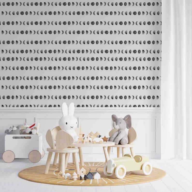 Black Moon Kids Wallpaper, Cute Baby Room Sketch Wallpaper, Kids Room Wall Poster, Drawwing Wallpaper Nursery