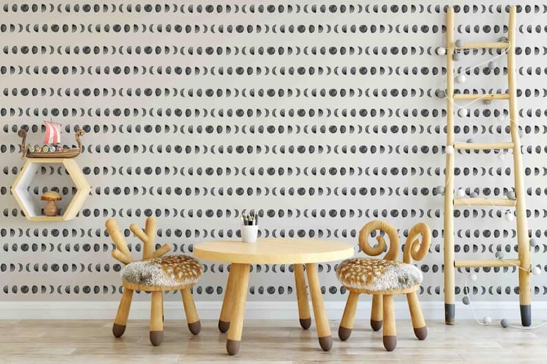 Black Moon Kids Wallpaper, Cute Baby Room Sketch Wallpaper, Kids Room Wall Poster, Drawwing Wallpaper Nursery