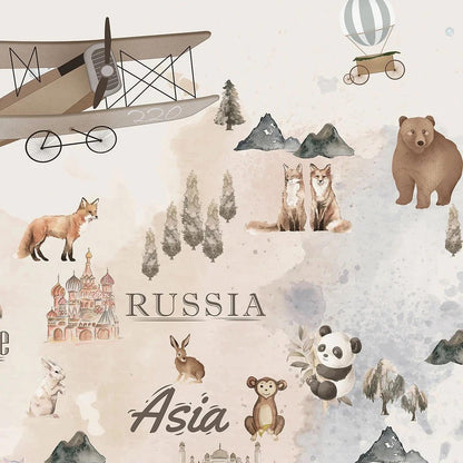 World Map Animal and Planes Wallpaper For Kidsroom, Child Wallpaper , Peel and Stick Wall Mural Nursery, Cute Baby Wallpaper, Baby Boy Mural