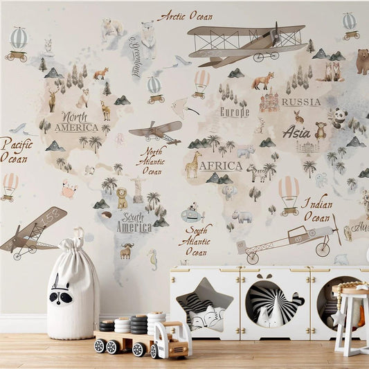 World Map Animal and Planes Wallpaper For Kidsroom, Child Wallpaper , Peel and Stick Wall Mural Nursery, Cute Baby Wallpaper, Baby Boy Mural