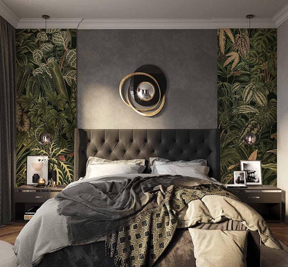 Green Leaves Wallpaper, Dark Botanical Wallpaper, Botany Night Wallpaper, Exotic Plants Wallpaper, Bohemian Wallpaper