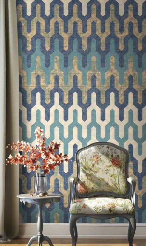 Old Style Abstract Geometric Patterns Wallpaper, Blue Shaped Wallpaper, Elegance Peel and Stick Wallpaper, Stylish Room Design