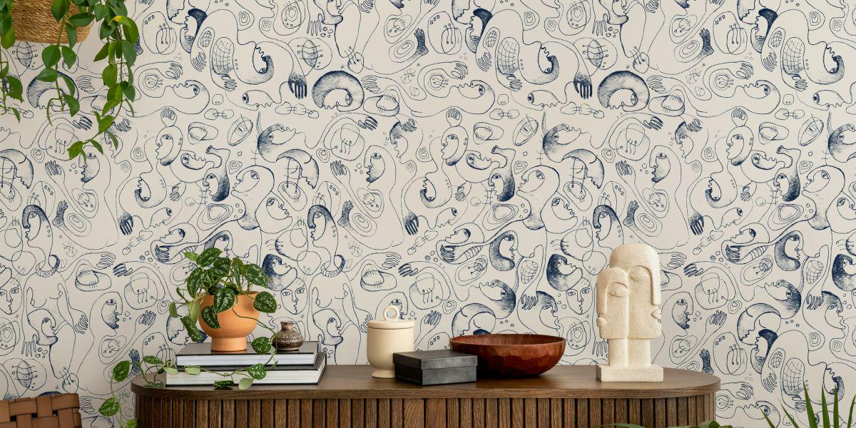 Face Motifs Modern Wallpaper, Peel and Stick Wallpaper, Stylish Room Design, Abstract Wallpaper, Wall Design
