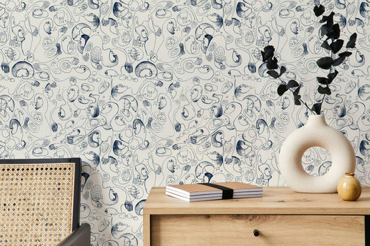 Face Motifs Modern Wallpaper, Peel and Stick Wallpaper, Stylish Room Design, Abstract Wallpaper, Wall Design