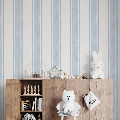 Blue Watercolor Lines Kids Wallpaper - Nursery Striped Mural