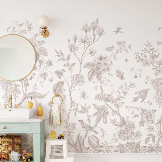 Monochrome Beige Flowers Wallpaper, Flower Garden Baby Girl Wallpaper, Art Wallpaper Nursery, Drawwing Wallpaper, Flowers Wallpaper