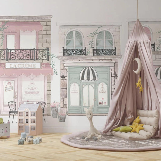 Paris Homes Wallpaper, France Town Wallpaper For Kidsroom, Watercolor Wallpaper Nursery, Illustration Child Wallpaper, Baby Girl Wallpaper