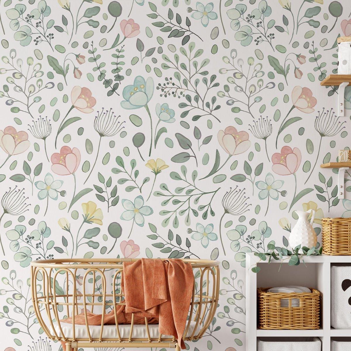 Cherry Blossoms and Green Leaves Wallpaper, Illustration Flowers Garden Baby Girl Wallpaper, Wallpaper Nursery, Watercolor Floral Baby Mural