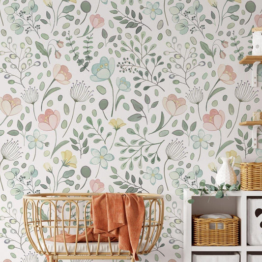 Cherry Blossoms and Green Leaves Wallpaper, Illustration Flowers Garden Baby Girl Wallpaper, Wallpaper Nursery, Watercolor Floral Baby Mural