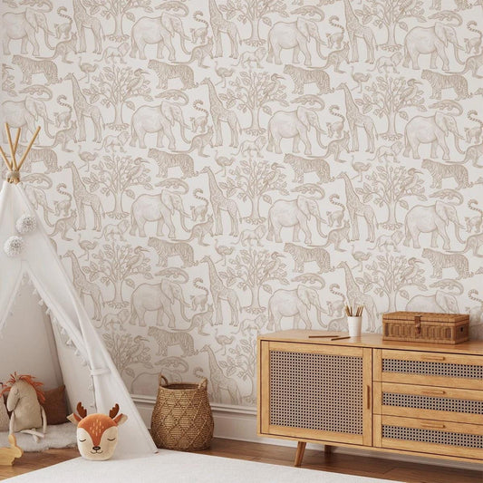 Beige Monochrome Animals Child Wallpaper, Line Art Forest Baby Wallpaper, Cute Animals Wallpaper Nursery, Drawwing Wallpaper for Kidsroom