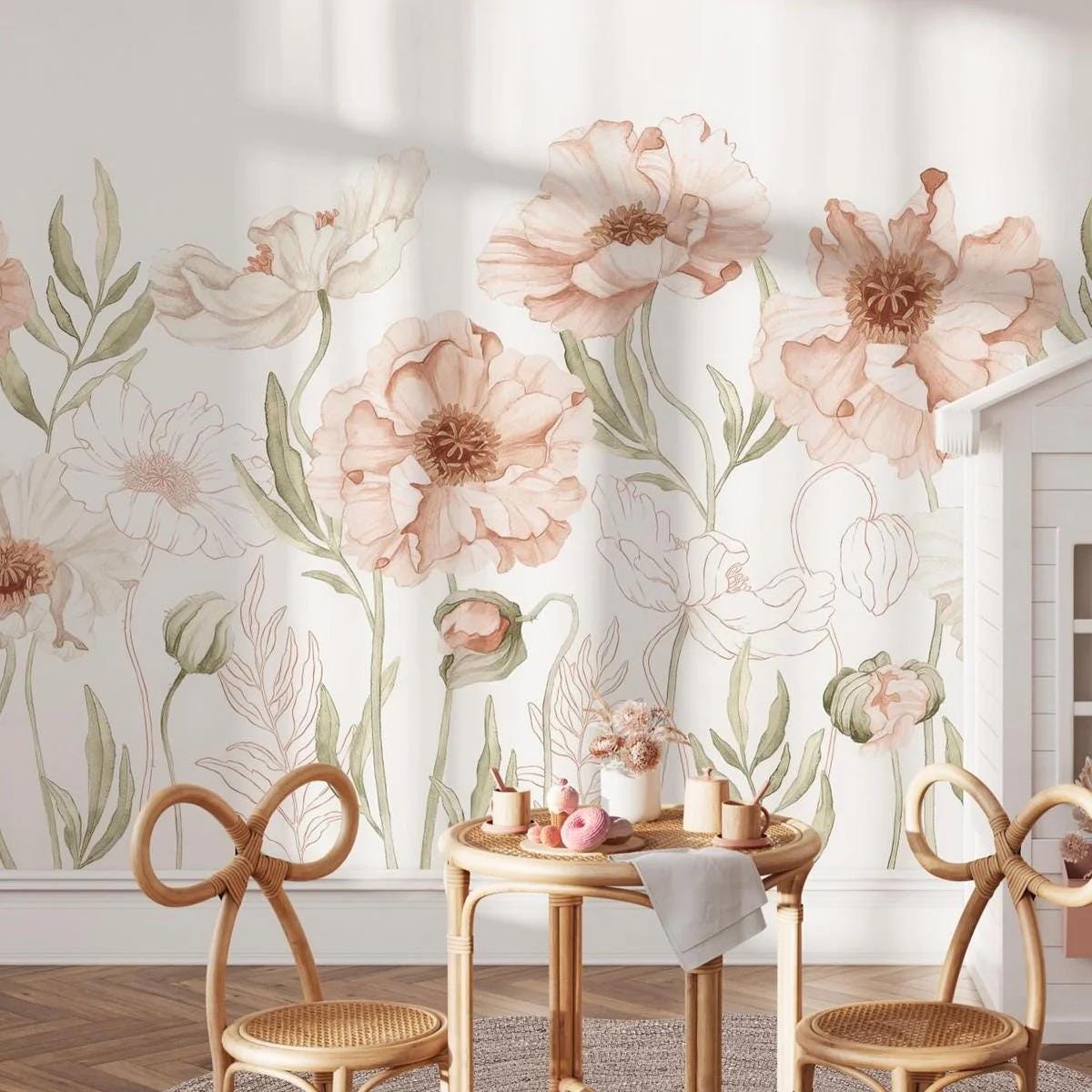 Salmon Pink Poppies Flowers Wallpaper, Flowers Garden Baby Girl Wallpaper, Wallpaper Nursery, Watercolor Floral Mural, Baby Wall Poster