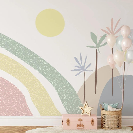 Palm Tree Rainbow Kids Wallpaper in Light Colors, Illustration Wallpaper Nursery, Colourful Kid Art Wallpaper ,Creative Watercolor Mural