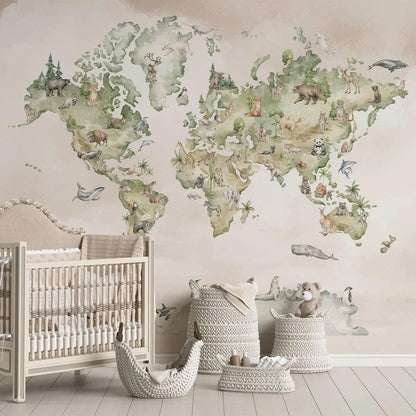 Watercolor World Map Animals Wallpaper For Kidsroom, Funny Drawing Child Wallpaper , Peel and Stick Wall Mural Nursery, Cute Baby Wallpaper