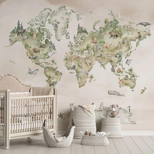 Watercolor World Map Animals Wallpaper For Kidsroom, Funny Drawing Child Wallpaper , Peel and Stick Wall Mural Nursery, Cute Baby Wallpaper