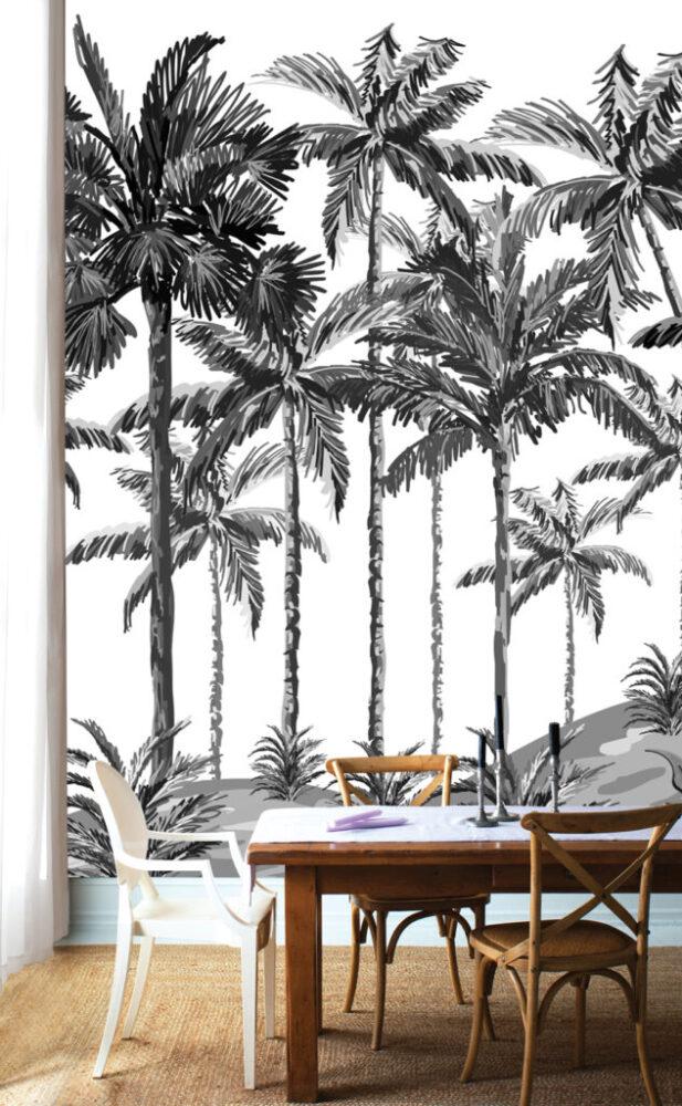 Black and White Tropical Trees Wallpaper, Dark Gray Wallpaper, Palm Wall Mural, Peel and Stick Wallpaper, Stylish Room Design, Wall Design