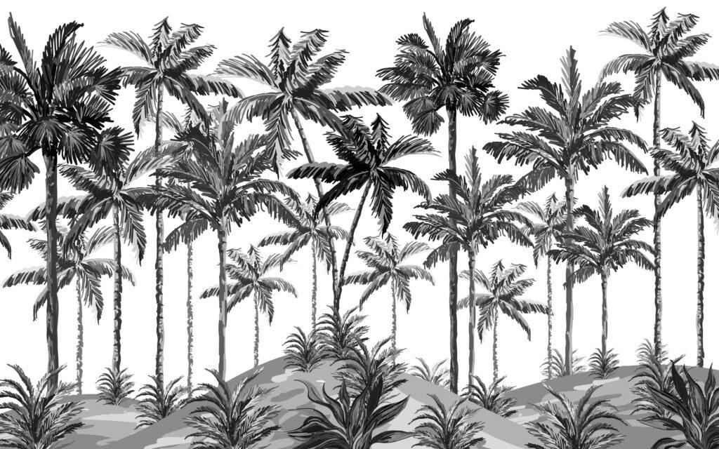 Black and White Tropical Trees Wallpaper, Dark Gray Wallpaper, Palm Wall Mural, Peel and Stick Wallpaper, Stylish Room Design, Wall Design