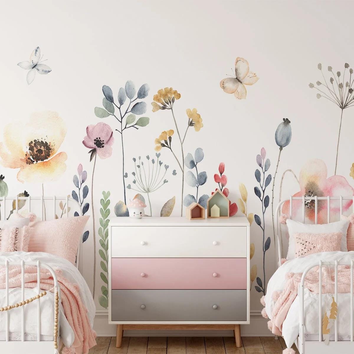 Watercolor Art Colourful Elegant Flowers Wallpaper, Floral Garden Baby Girl Wallpaper, Wallpaper Nursery, Floral Baby Wall Poster