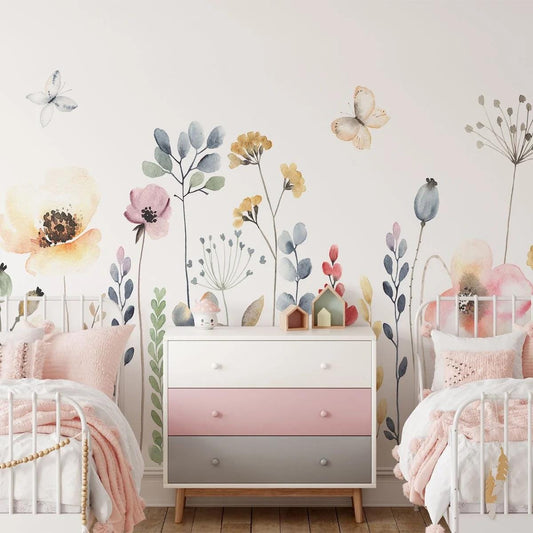 Watercolor Art Colourful Elegant Flowers Wallpaper, Floral Garden Baby Girl Wallpaper, Wallpaper Nursery, Floral Baby Wall Poster