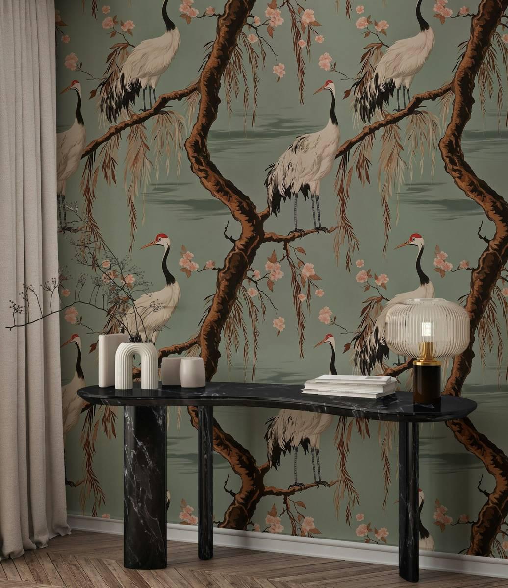 Crane Birds and Cherry Blossom Wallpaper River Green Tones, Special Design Romantic Wallpaper, Birds Wallpaper, Vintage Nature Wallpaper