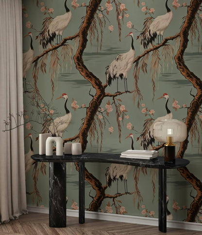 Crane Birds and Cherry Blossom Wallpaper River Green Tones, Special Design Romantic Wallpaper, Birds Wallpaper, Vintage Nature Wallpaper