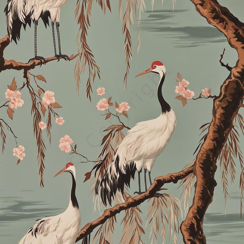 Crane Birds and Cherry Blossom Wallpaper River Green Tones, Special Design Romantic Wallpaper, Birds Wallpaper, Vintage Nature Wallpaper